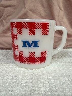 Vintage Westfield Milk Glass Mug | Red Plaid Monogram M
